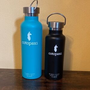 Two Cotopaxi Aqua and Black Bottles 25 oz and 17 oz